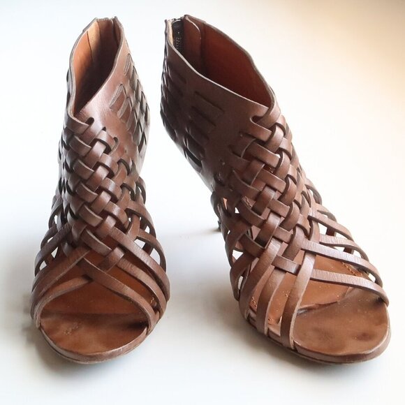 Givenchy Brown Leather Woven Strappy Open Toe Heels Sandals Luxury Bootie Shoes - Picture 5 of 16